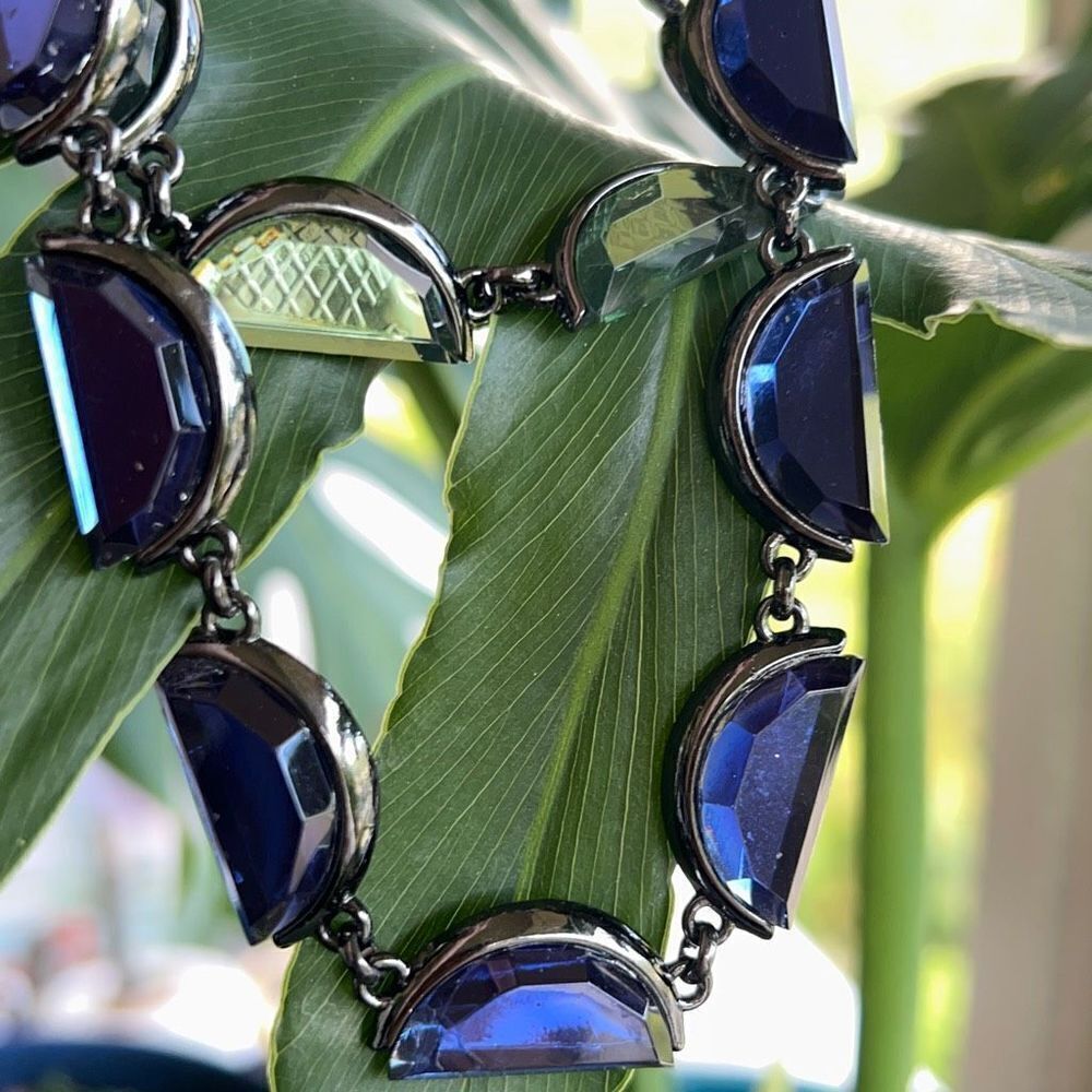 Coldwater Creek Necklace  Crescent Gem Necklace Blue Amber Gun Metal Gray